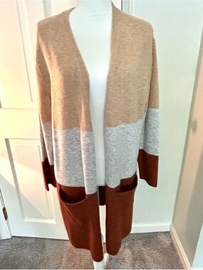 Colorblock Open-Front Long Cardigan - Camel, Light Gray & Brown